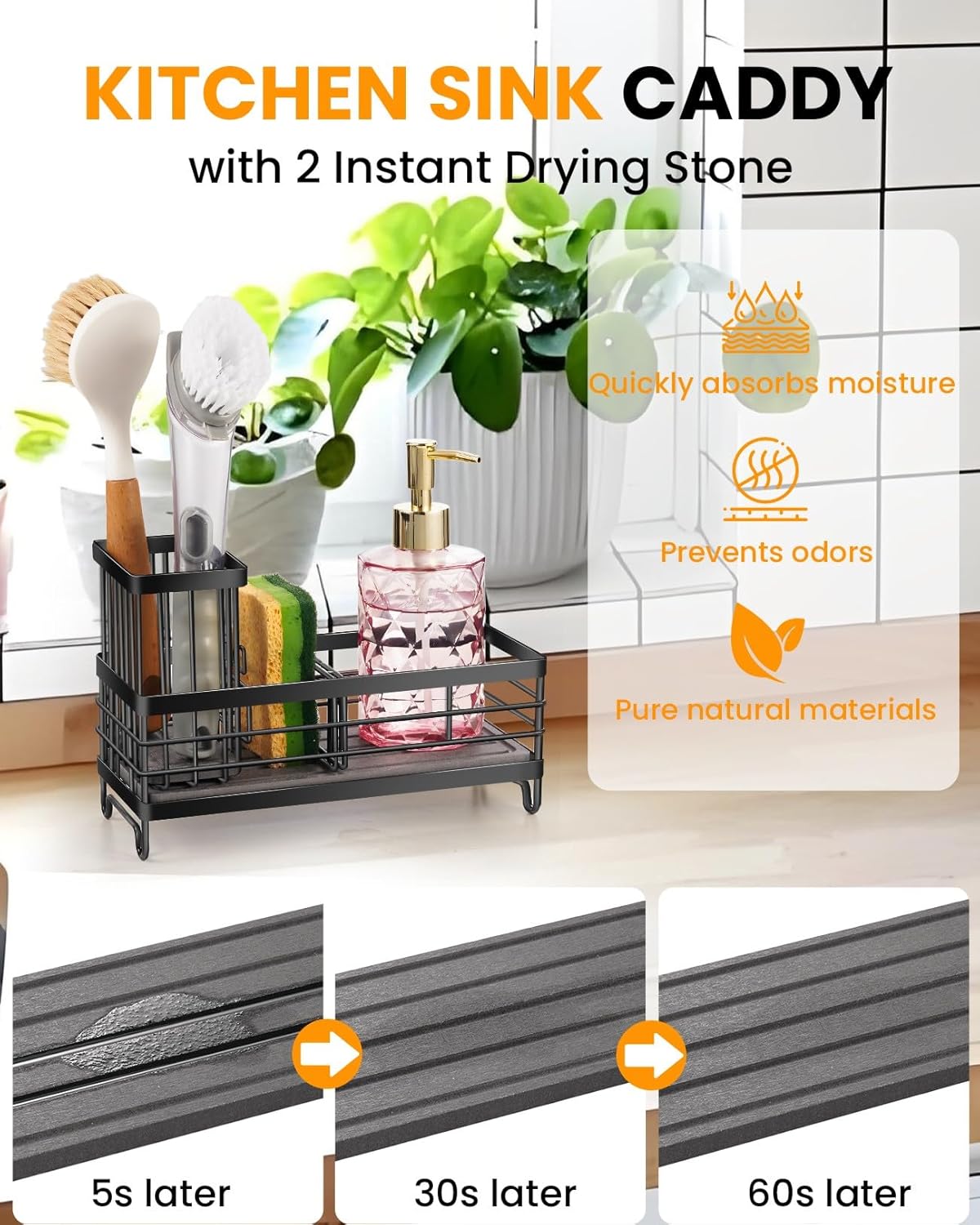 Kitchen Sink Caddy with Water Absorbent Diatomite Stone Sink Tray, Fast Drying Sink Organizer with High Dish Brush Holder Sponge Holder for Kitchen Sink, Stainless Steel