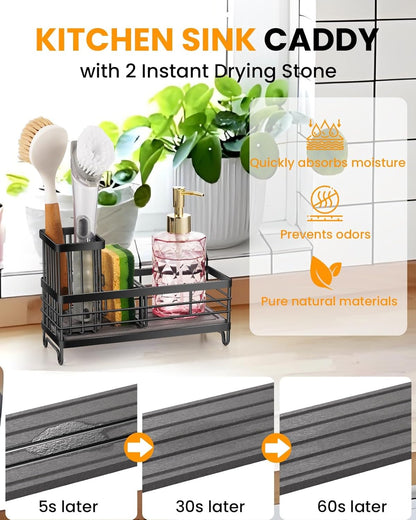 Kitchen Sink Caddy with Water Absorbent Diatomite Stone Sink Tray, Fast Drying Sink Organizer with High Dish Brush Holder Sponge Holder for Kitchen Sink, Stainless Steel