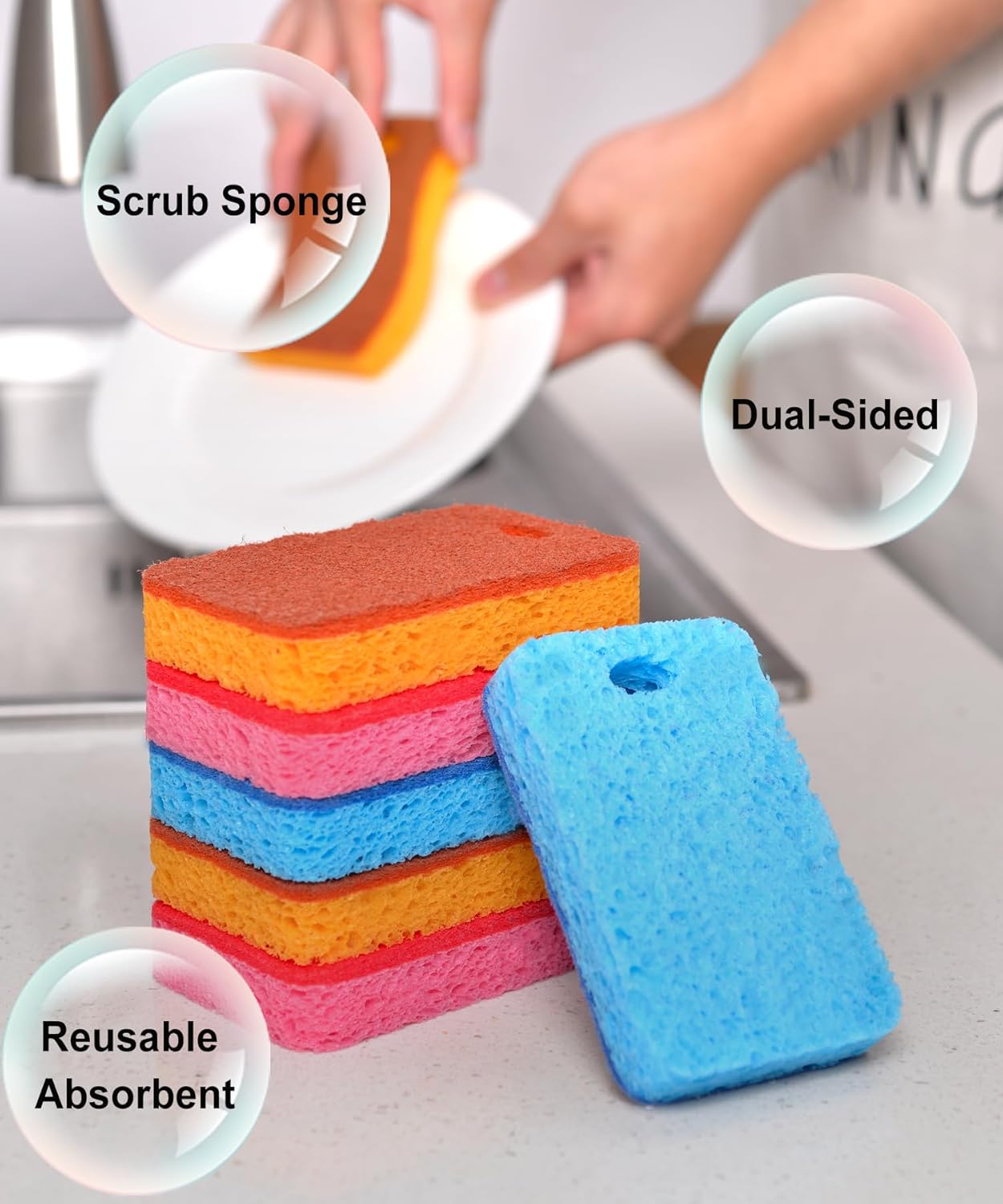 METUUTER 12-Count Scrub Sponges Kitchen Sponge Heavy Duty, Cellulose Sponges with Scouring Pads Dual-Sided for Kitchen and Household Use (Square-Blue)