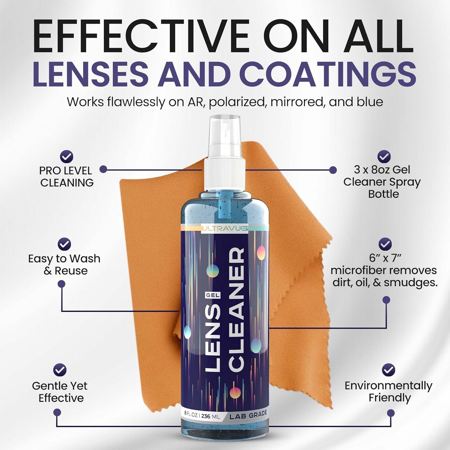 Eyeglass Gel Lens Cleaner Spray Kit - 3 x 2oz Gel Eyeglasses Cleaner Spray Bottle + 2 Microfiber Cloth for Cleaning - Safe for All Lenses (AR Coated Included), Eyeglasses and Screens