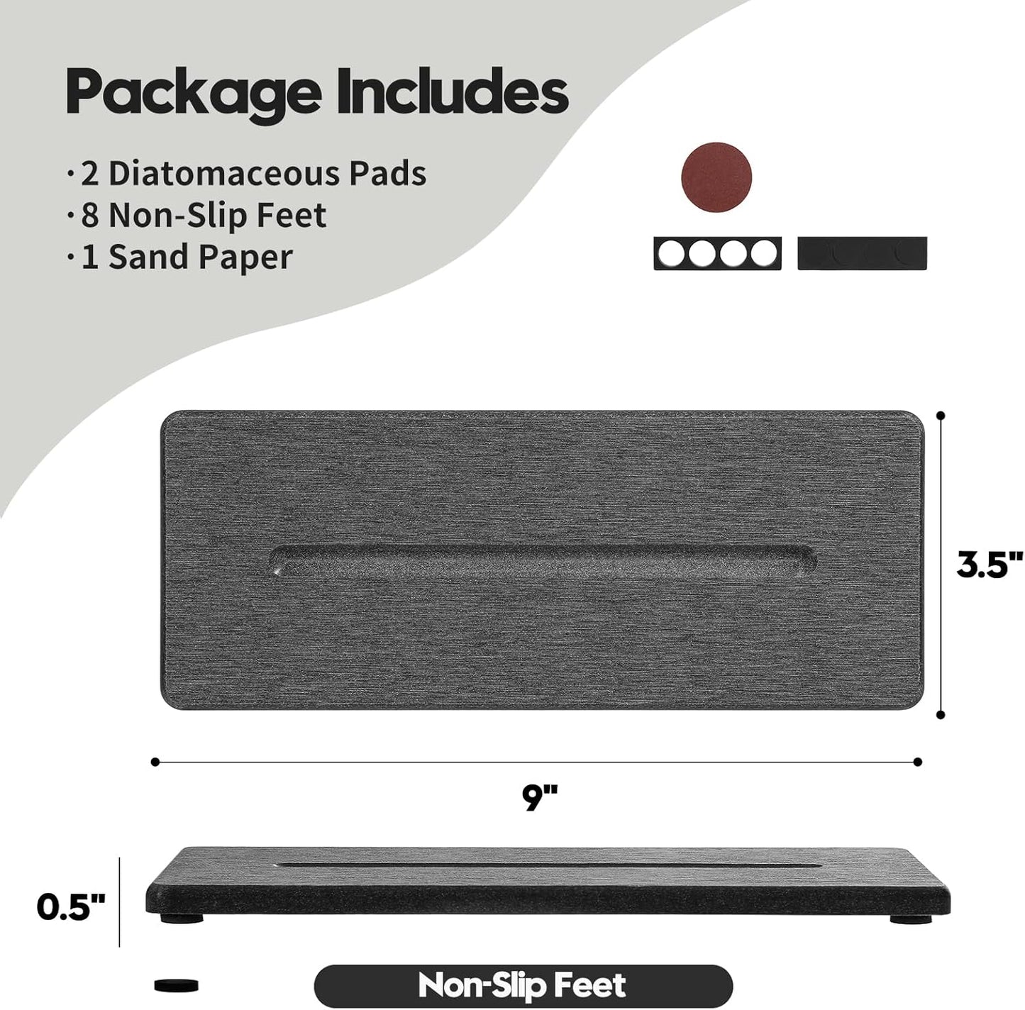 Fast Water Absorption Sink Organizer Tray Set, 3-Pack Compact and Space-Saving Stone Soap Holder Caddy for Kitchen & Bathroom Counter, Faucet Splash Guard, White (1pc of 8"x3.8" + 2pcs of 3.8"x3.8")