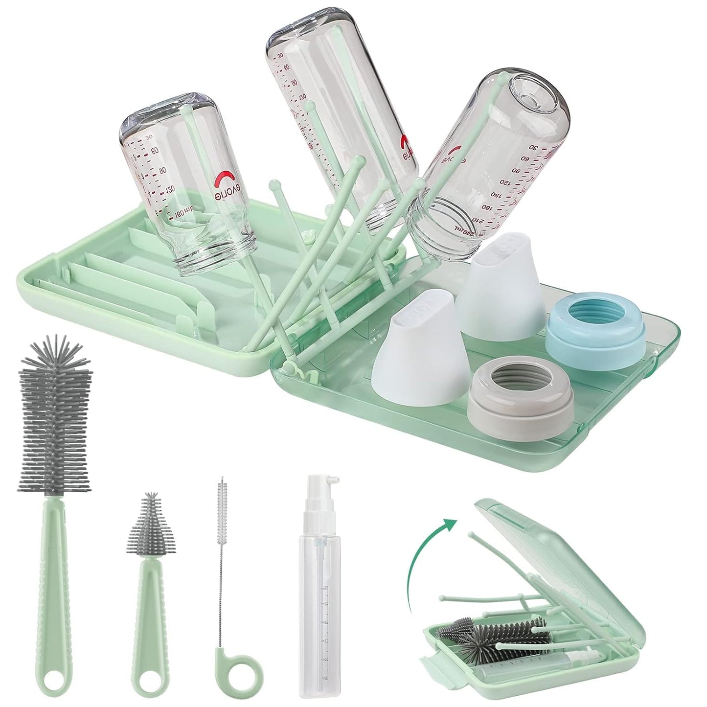 Baby Bottle Brush,6 in 1 Bottle Cleaner Set with Extendable Silicone Bottle Brush,Drying Rack,Nipple & Straw Brushes,Soap Dispenser & Organizer Case,Ideal Gifts for Babies& Moms