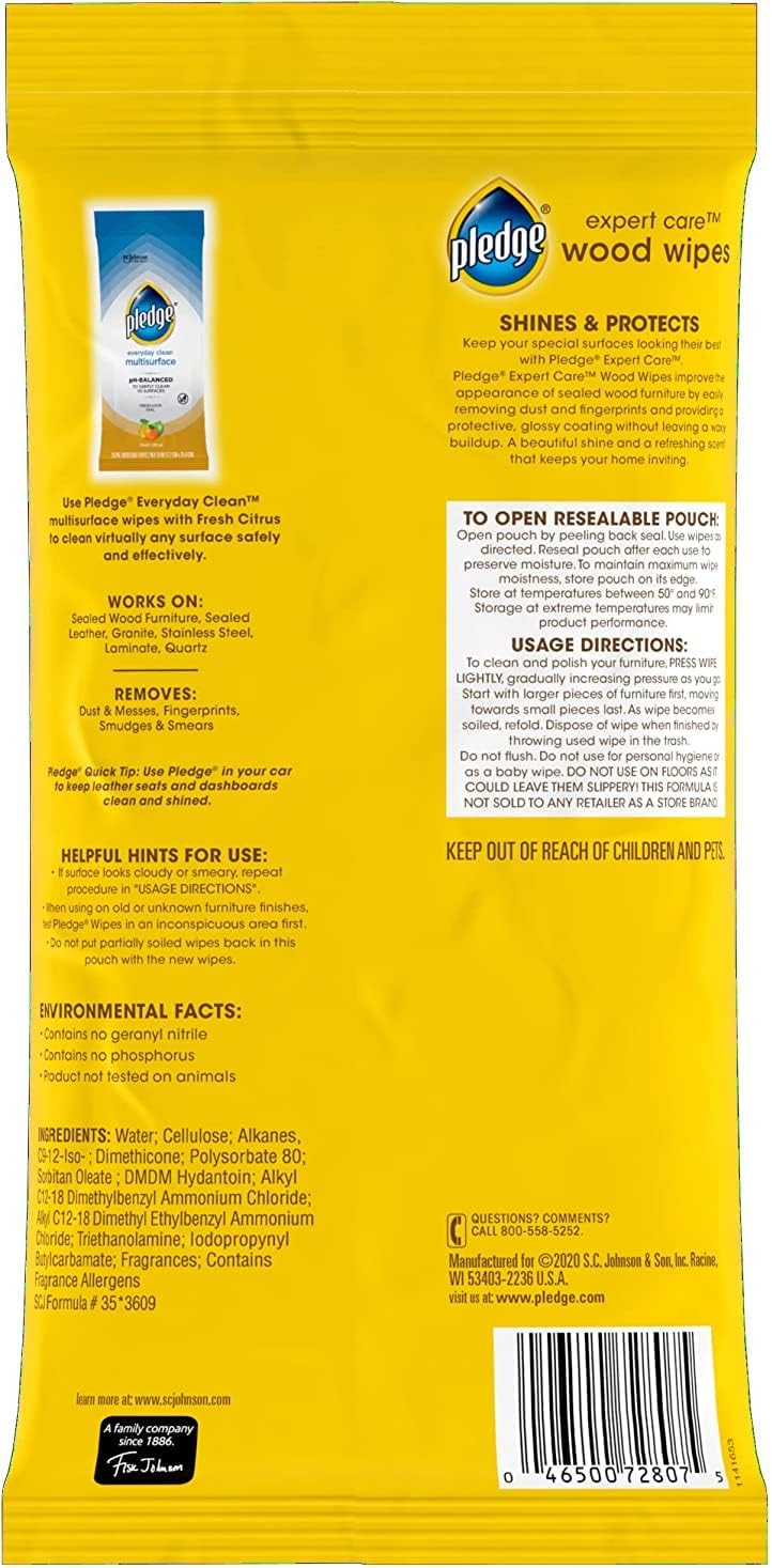 Pledge Expert Care Enhancing Wood Wipes, Lemon Scent (Pack of 6, 144 Total Count), Yellow