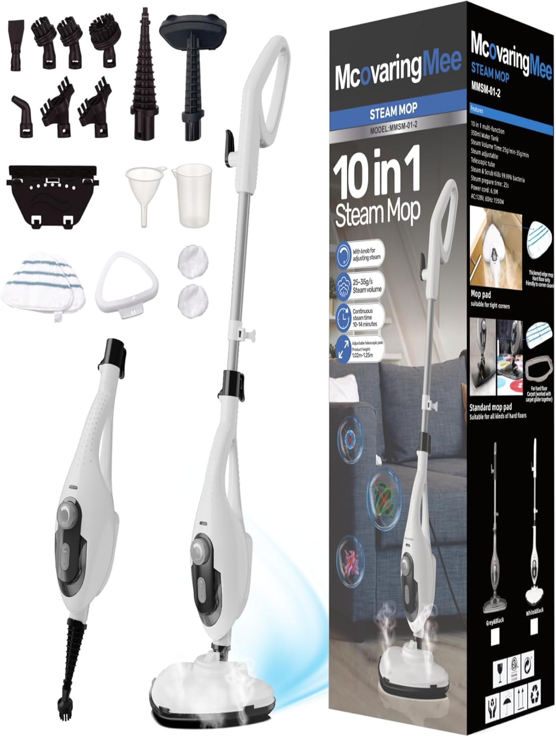 11-in-1 Steam Mop, 1550W Powerful Handheld Steam Cleaner, 260°F Multi-Functional Floor Steamer with 21.3FT Cord for Floors, Hardwood, Tiles, Grout, Windows, Kitchen, Bath, Adjustable (Grey)