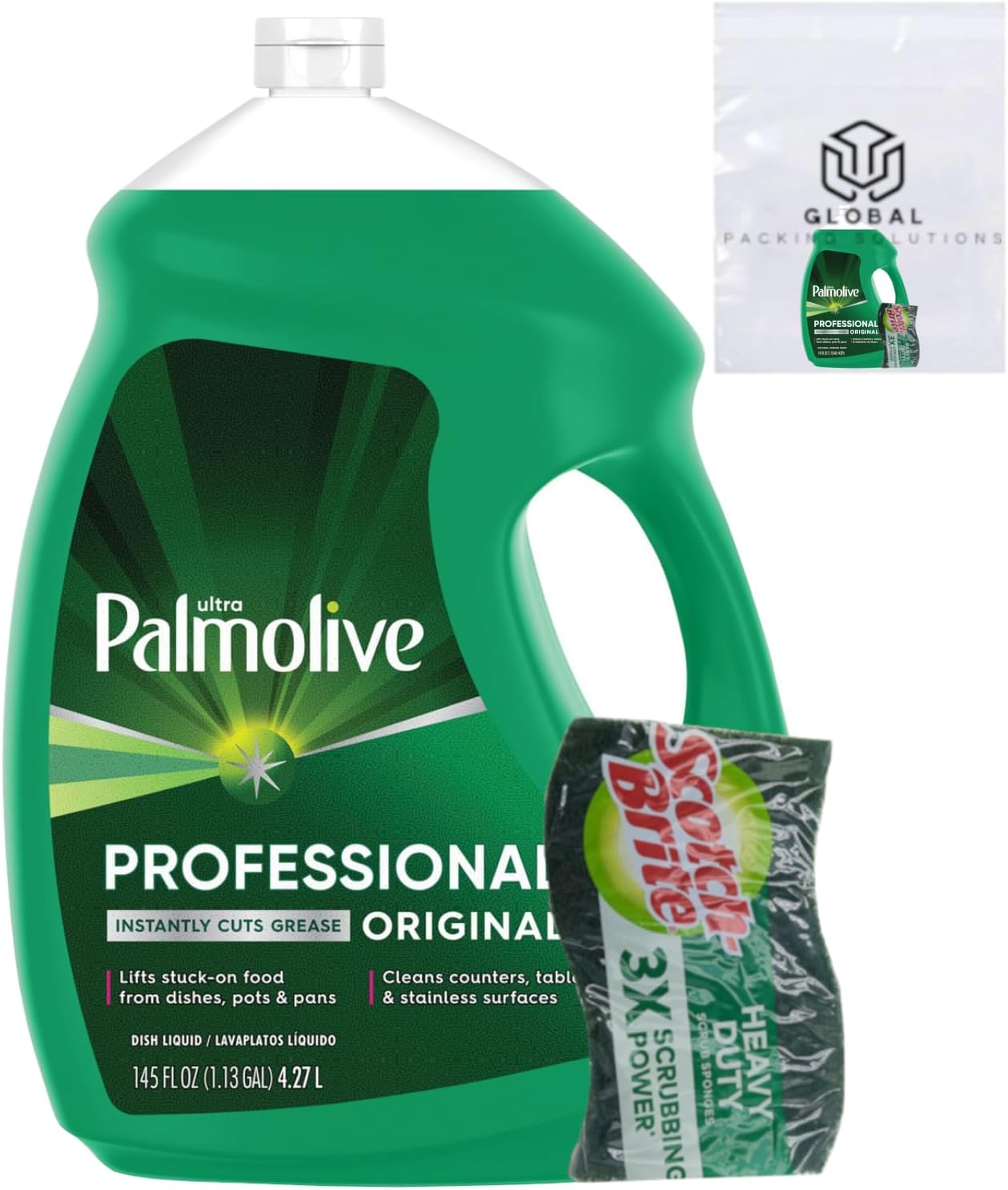 Palmolive Ultra Professional Original Degreaser Dish Soap Refill, 145 Fl Oz, bundled with Heavy Duty Scotch Brite Sponge