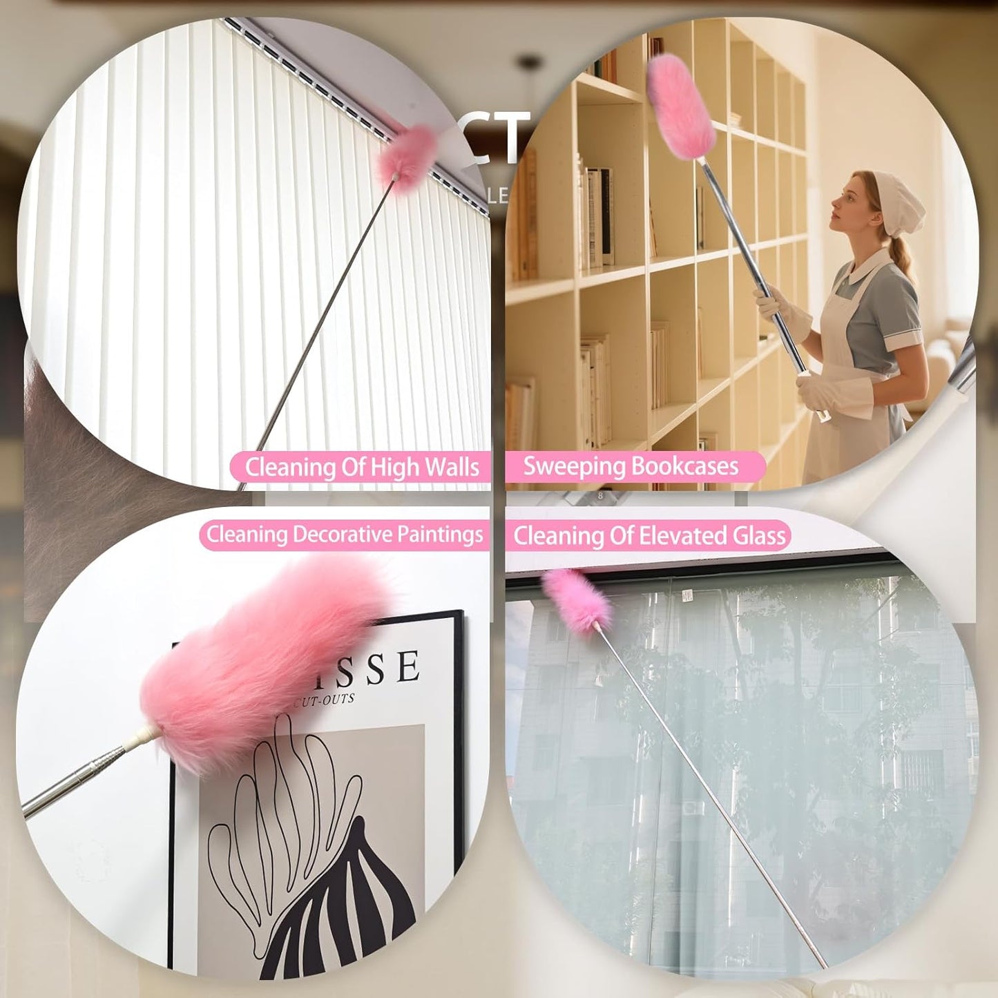 Extendable Lambswool Duster Stainless Steel Handle 133" Removable Feather Duster for Cleaning Ceiling Fans Interior Roof Furniture, Brown
