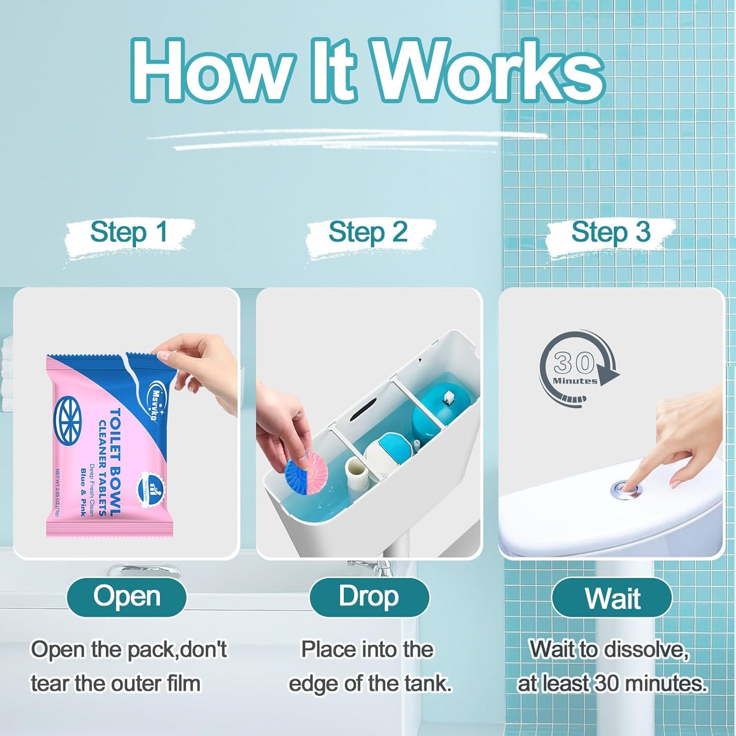 Msvvko Toilet Bowl Cleaner Tablets Blue Toilet Tank Cleaners, Septic-Safe Hard Water Stain Remove, Bathroom Automatic Toilet Cleaning & Deodorizer, Fresh Scent - 30 Tabs