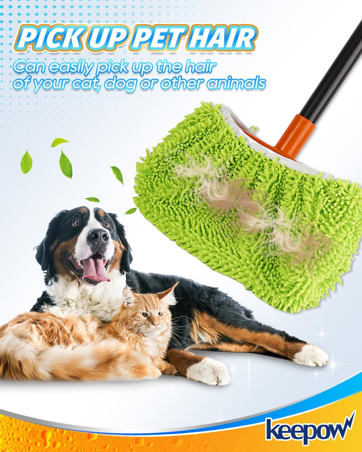 KEEPOW 4 Pack Washable Chenille Broom Pads, Baseboard Cleaner Cloth Covers for Daily Dusting, Reusable Broom Covers Compatible with Standard Brooms Under 11×5.9 in for Floors & Walls (Blue & Green