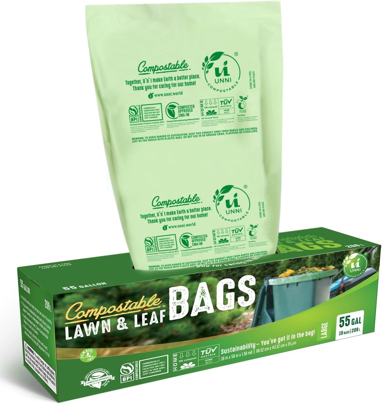UNNI Compostable Trash Bags, 13 Gallon / 49.2 Liter, 50 Count, Extra Thick 0.9 Mil Tall Kitchen Food Scrap Bin Liners, Certified by BPI, CMA & OK compost HOME, Meets the ASTM D6400 Standard
