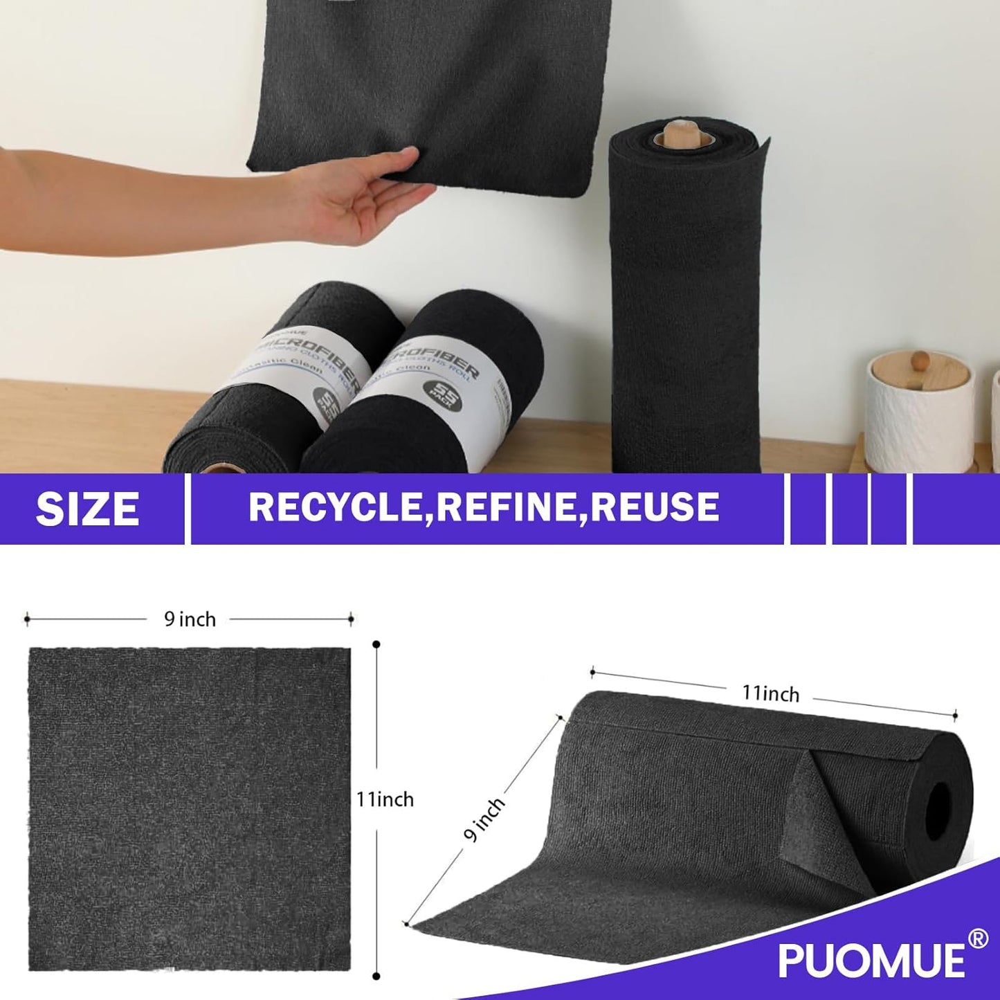 Puomue 55 Pack Microfiber Cleaning Cloth Roll, Tear Away Reusable Towels, 11" X 9", Ultra Absorbent & Lint Free Microfiber Cloth for Cleaning Cars, Kitchen, Window, Home and Shop, Grey
