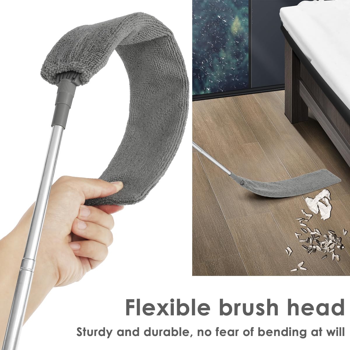Gap Dust Cleaner Retractable Microfiber Gap Dust Brush Flexible Long Flat Gap Duster with Extendable Pole and Cloth Cover for Sofa Bed Furniture Bottom Ceiling Fan Blinds(Grey)