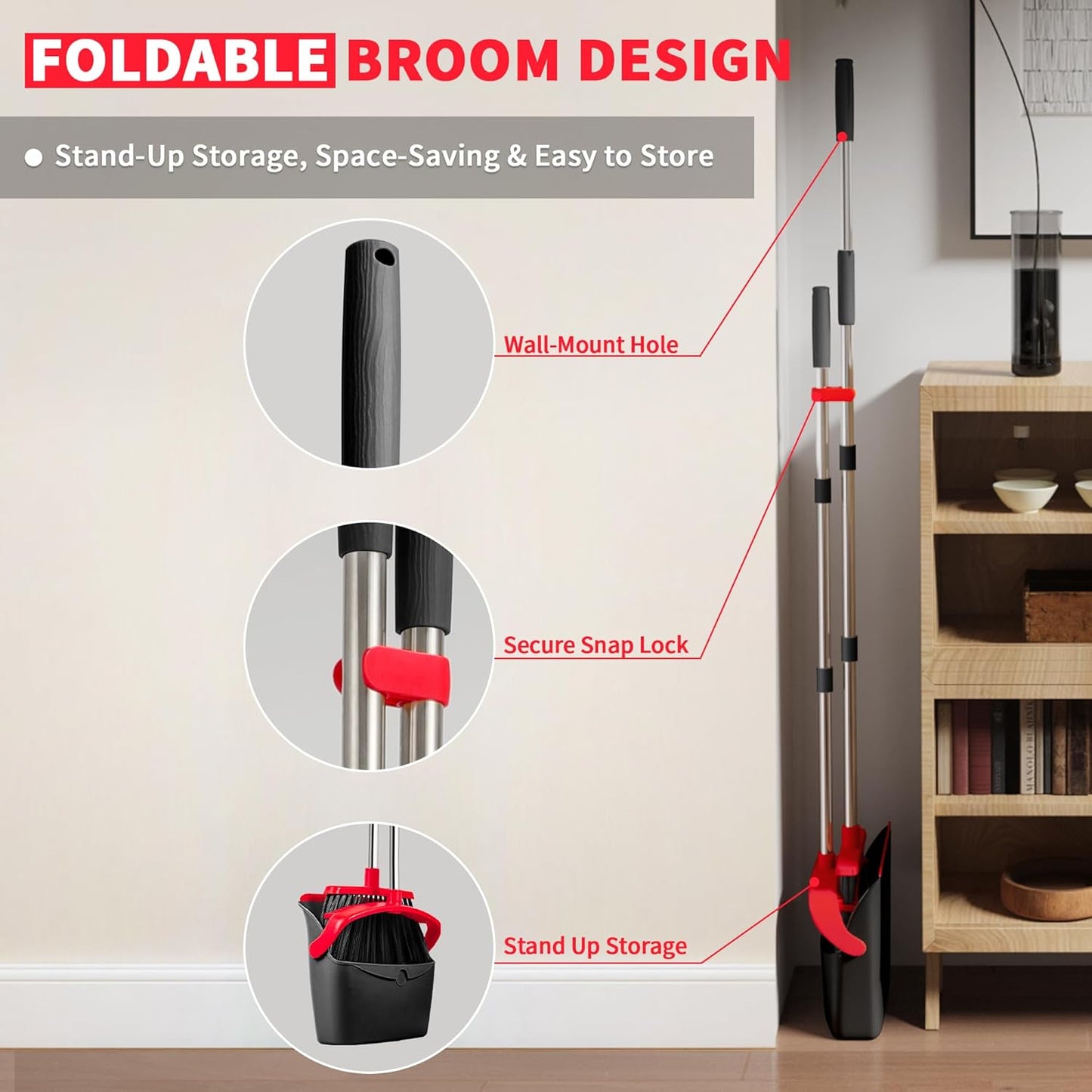 Upgraded Broom and Dustpan Set, 52" Long Handle Standing Combo with Self-Cleaning Teeth – Perfect for Pet Hair, Kitchen, Office, Home, Indoor & Outdoor Cleaning(Orange & Gray)