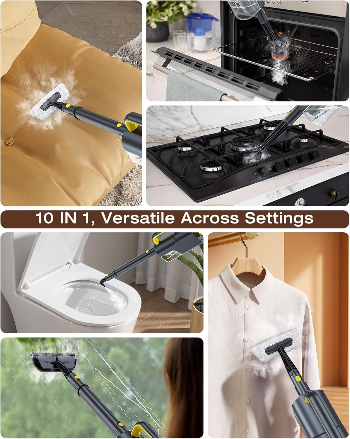 10-in-1 Steam Mop with Detachable Handheld Steamer, 350ml Tank, 10s Heat-Up, 248°F Steam Cleaner, 3-Level Control and Swivel Head for Floors, Carpets, Tiles, BBQ grill Multi-Surface Clean White