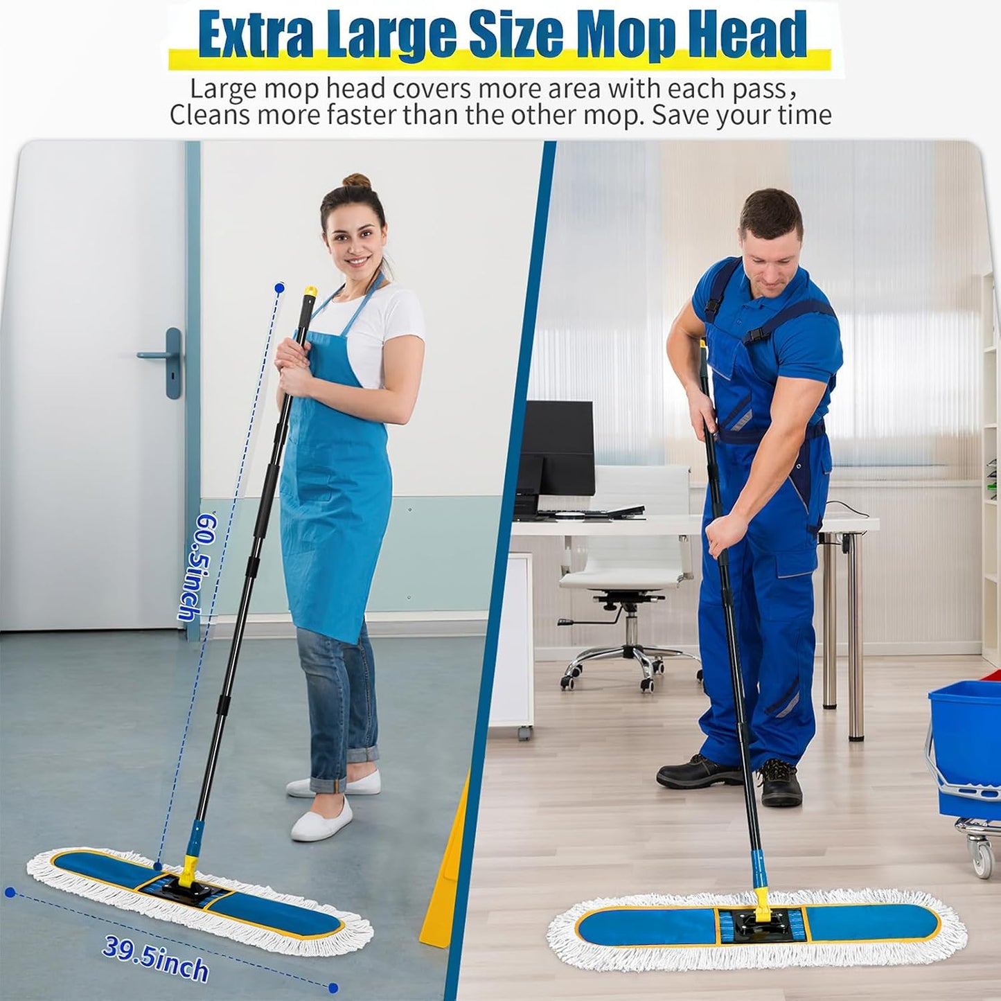 24 Inch Commercial Dust Mop,Heavy Duty Dry Wet Dust Mops Broom for Hardwood Floor, Laminate, Tile, Concrete Cleaning | 60 Extendable Handle & 2 Cotton Mop Heads | Home, Garage, Warehouse Use