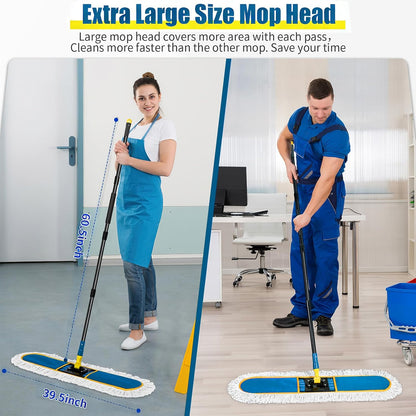 24 Inch Commercial Dust Mop,Heavy Duty Dry Wet Dust Mops Broom for Hardwood Floor, Laminate, Tile, Concrete Cleaning | 60 Extendable Handle & 2 Cotton Mop Heads | Home, Garage, Warehouse Use