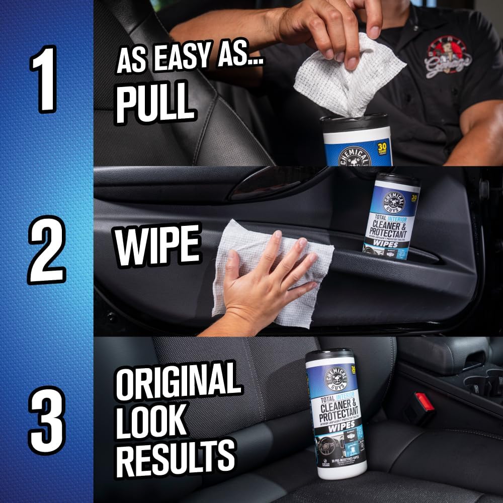 Chemical Guys Total Interior Cleaner & Protectant Wipes – 50 Pack Multi Surface Car Interior Cleaning Wipes for Dashboards, Doors and Seats – Safe for Trucks, SUVs, RVs and Home Use