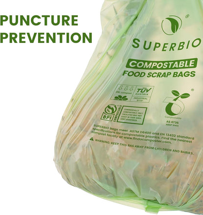SUPERBIO 1.6 Gallon Handle Tie Compostable Food Scrap Bags For Counter Top Compost Bin, Small Compost Bags, 50 Count, 6 Liter, BPI & OK compost INDUSTRIAL Certified