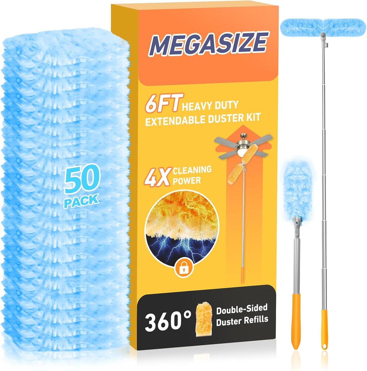6 ft Heavy Duty Extendable Duster Handle with 50 Refills for Swiffer Duster, 360° Multi-Surface Dusters with 4X Cleaning Power for Home, Ceiling Fans, Windows, Dusting Hard-to-Reach Areas (Orange)