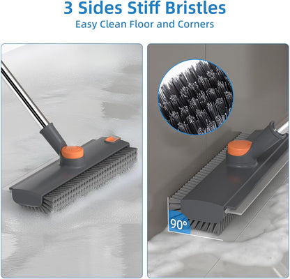 Scrub Brush with Long Handle, Floor Scrub Brush Squeegee Broom for Cleaning, 3 in 1 Shower Scrubber Floor Broom Squeegee for Concrete Tile Wall Deck Patio White