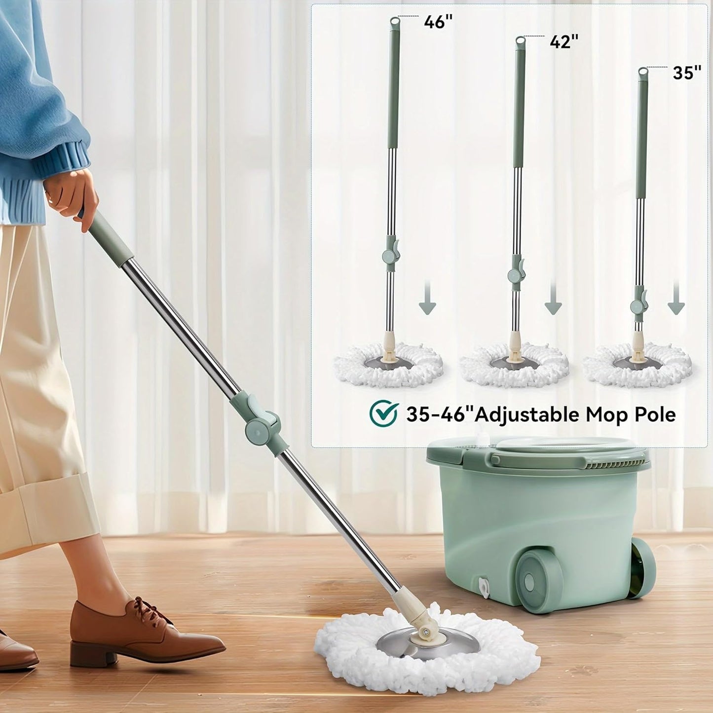 360° Spin Mop and Bucket System with Wringer - Includes 3 Microfiber Mop Refills & 50" Extended Handle for Floor Cleaning, Easy Squeeze, Efficient Home Cleaning Tool (Green)
