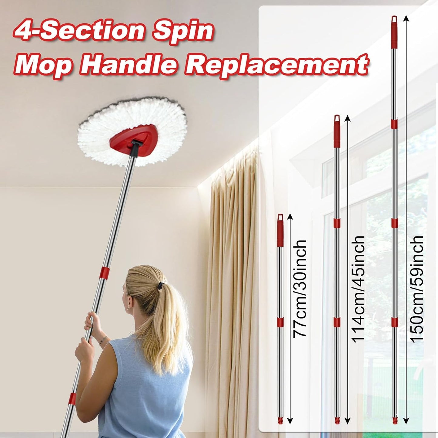 4 Part Stainless Steel Spin Mop Handles, Mop Base & Upgrade Scrub Brush Combo for Ocedar EasyWring 1 Tank Spin Mop System, Mop Handle Mop Base & Brush Set for O Cedar Mop, Universal Thin Screw Joints