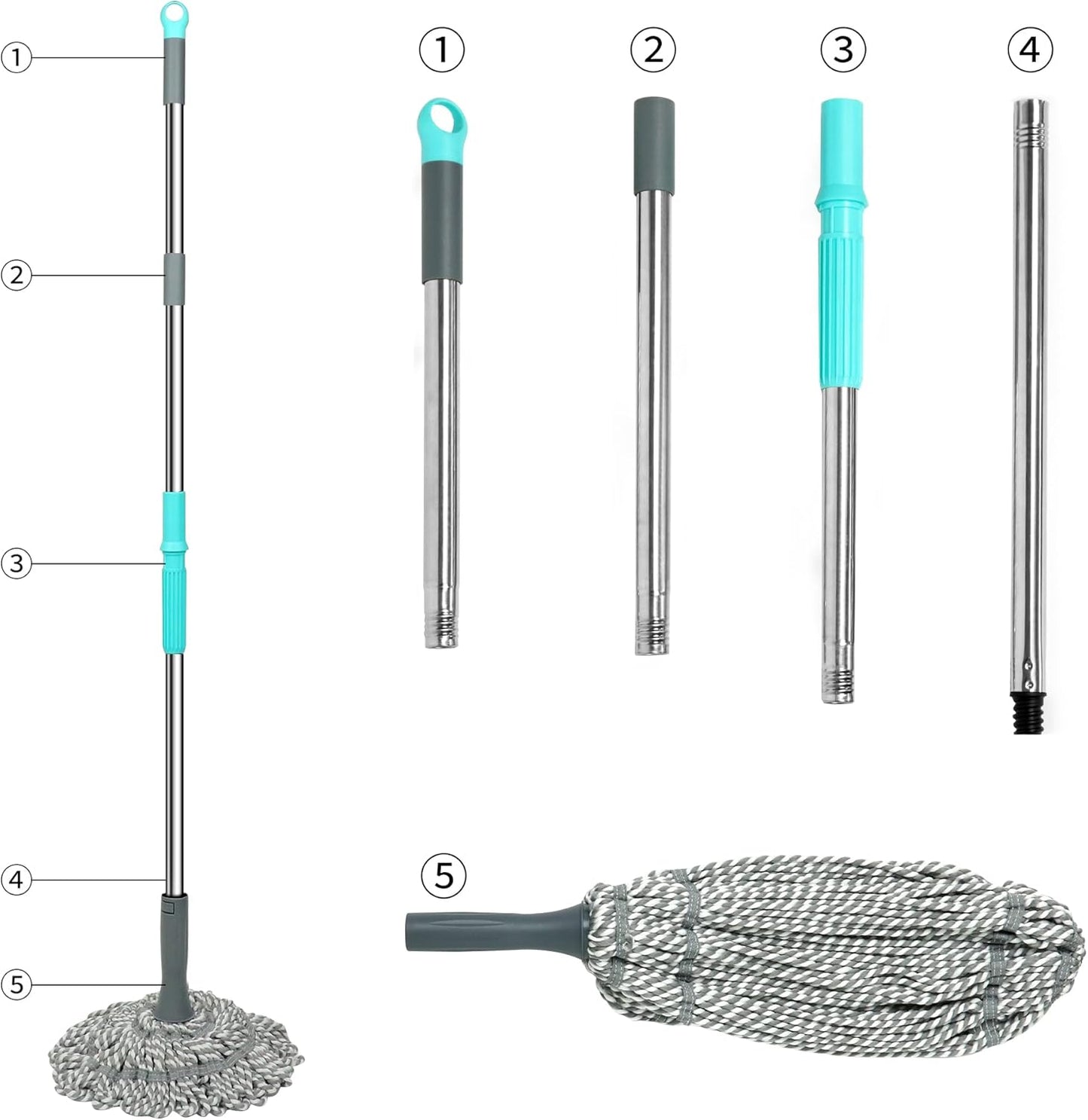 Self Wringing Floor Cleaner with 52.5 Inch Long Handle, Heavy Duty Wet Mop for Hardwood, Tile, Vinyl, Laminate Floors (White)