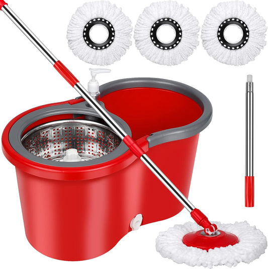 Spin Mop and Bucket Set, 360° Spin Mop and Bucket with Wringer Set and 3 Microfiber Mop Refills, Stainless Steel 61" Extended Handle Spinning Mop Bucket System for Floor Cleaning