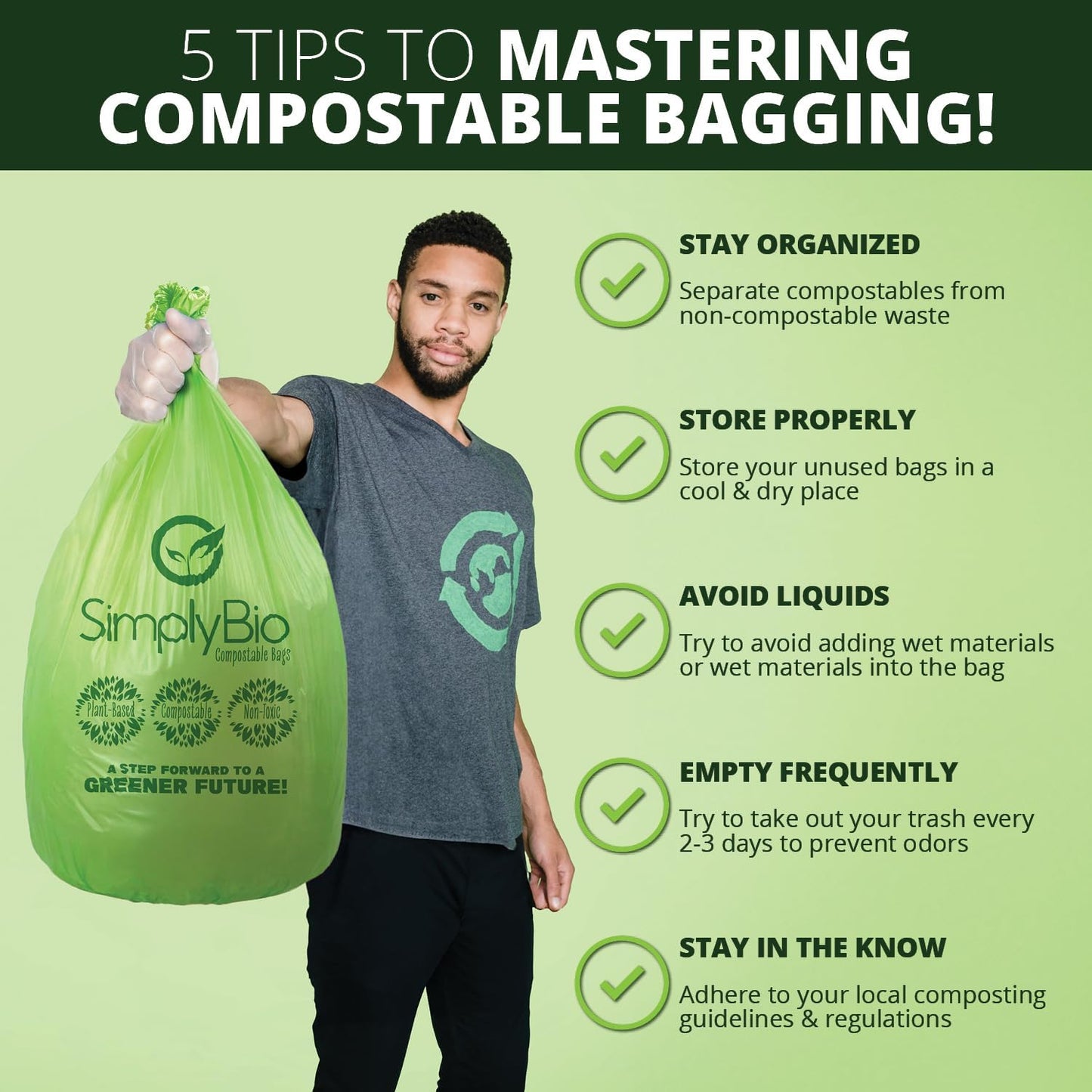 Simply Bio 13 Gallon Compostable Trash Bags Liners Drawstring, Heavy Duty Extra Thick 1 Mil, 49.21 Liter, 30 Bags, Tall Kitchen Food Scrap Waste Bag, ASTM D6400, US BPI and OK Compost Home Certified