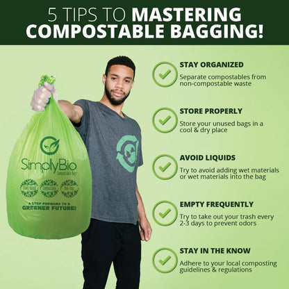 Simply Bio 13 Gallon Compostable Trash Bags Liners Drawstring, Heavy Duty Extra Thick 1 Mil, 49.21 Liter, 30 Bags, Tall Kitchen Food Scrap Waste Bag, ASTM D6400, US BPI and OK Compost Home Certified