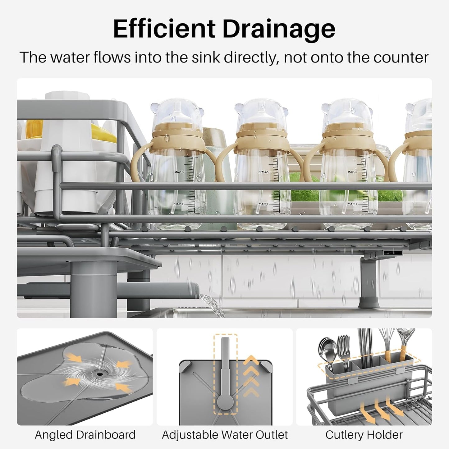SNTD Dish Drying Rack - Extendable Dish Rack, Large Sink Drying Dish Drainer for Kitchen Counter, Stainless Steel Dish Strainer with Utensil Holder (Black)