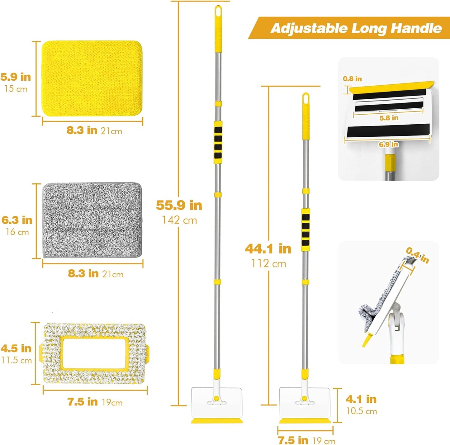 JEHONN Baseboard Cleaner Tool with Handle, 56 inches Base Boards Cleaning Mop Scrubber, 1 Stiff Bristles Brush, 2 Chenille and 2 Microfiber Pads, Wall Duster for Floorboard Ceiling Window Tile