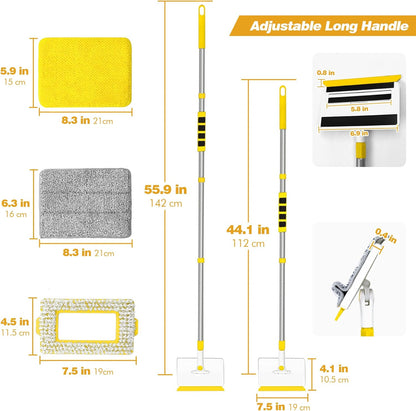 JEHONN Baseboard Cleaner Tool with Handle, 56 inches Base Boards Cleaning Mop Scrubber, 1 Stiff Bristles Brush, 2 Chenille and 2 Microfiber Pads, Wall Duster for Floorboard Ceiling Window Tile