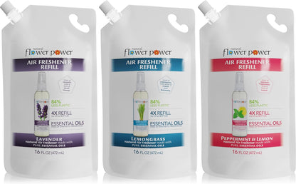 Natural Flower Power Air Freshener Spray - Odor Eliminator with Essential Oils for Home, Car & Fabric - Cruelty Free & Vegan - Variety Pack - Citrus & Spice + Lavender + Lemongrass - 3 x 4 fl oz