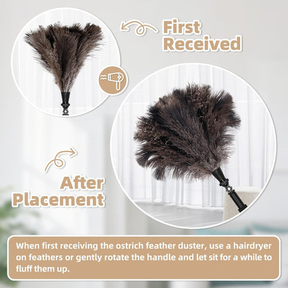 Extendable Ostrich Feather Duster with 17-42 inch Rotatable Aluminum Alloy Pole, Natural Fluffy Reusable Feather Duster for Cleaning High Ceilings, Pendant Lamps, Blinds, Furniture and Roof