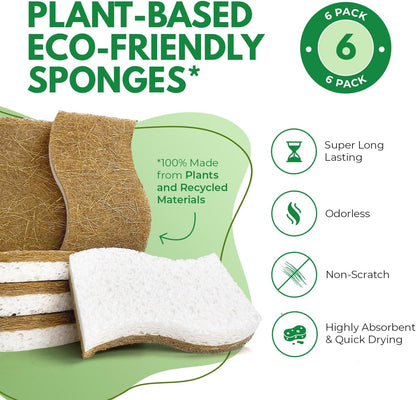 AIRNEX Natural Kitchen Sponges (12 Pack) - Biodegradable Cellulose & Coconut Scrubber Dish Sponges for Kitchen - Eco-Friendly, Non Scratch, Compostable, Non Toxic S-Shaped Natural Sponges for Dishes