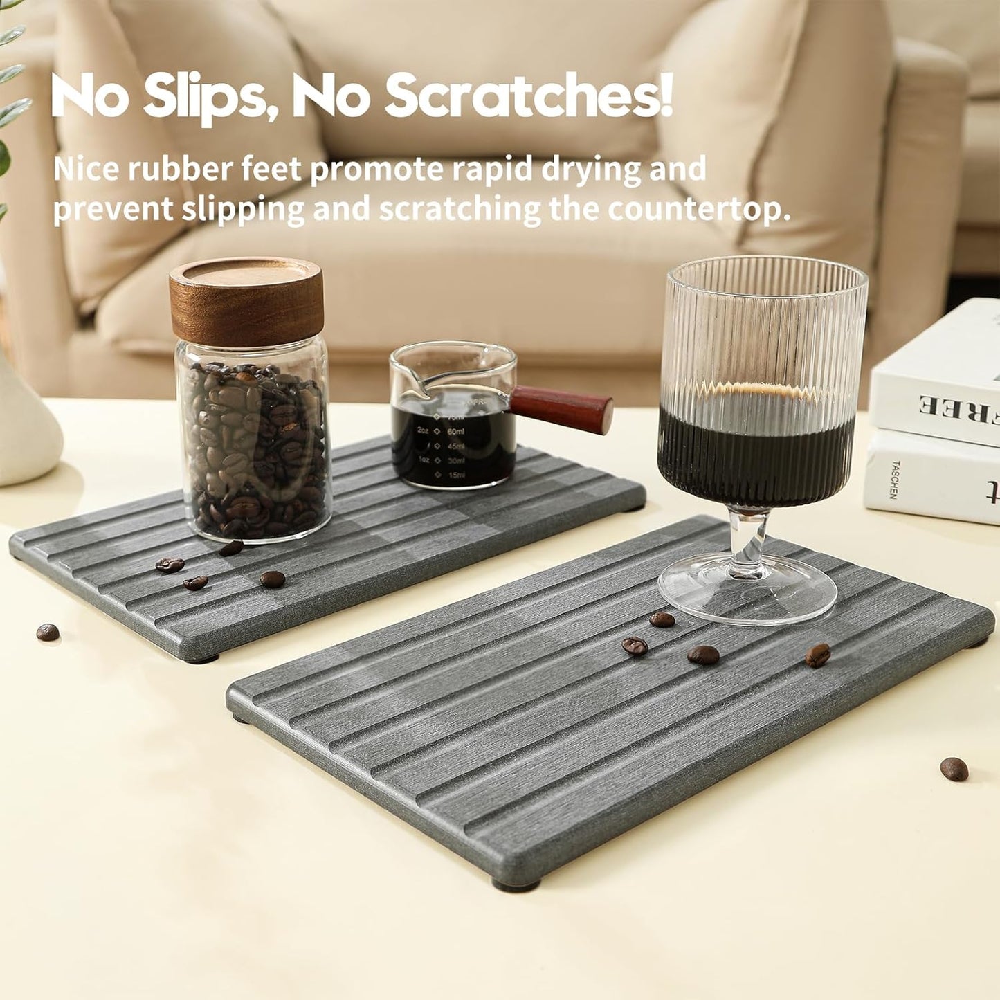 2PCS Water Absorbing Stone Drying Tray Mat for Bathroom Sink & Kitchen Counter Faucet Organizer, Quick Dry Dish Rack Soap Dispenser Sponge Holder, Vanity Sink Caddy Bar Coaster, Ivory White 8“x 4”