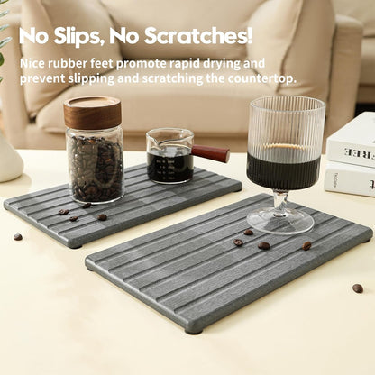2PCS Water Absorbing Stone Drying Tray Mat for Bathroom Sink & Kitchen Counter Faucet Organizer, Quick Dry Dish Rack Soap Dispenser Sponge Holder, Vanity Sink Caddy Bar Coaster, Ivory White 8“x 4”