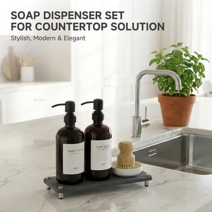 2 Pack Kitchen Soap Dispenser Set - 16oz Amber Glass Dish and Hand Soap Dispenser with Stainless Steel Pump, Instant Dry Tray, Dish Brush & Holder, Refillable Countertop Sink Decor for Kitchen & Bath