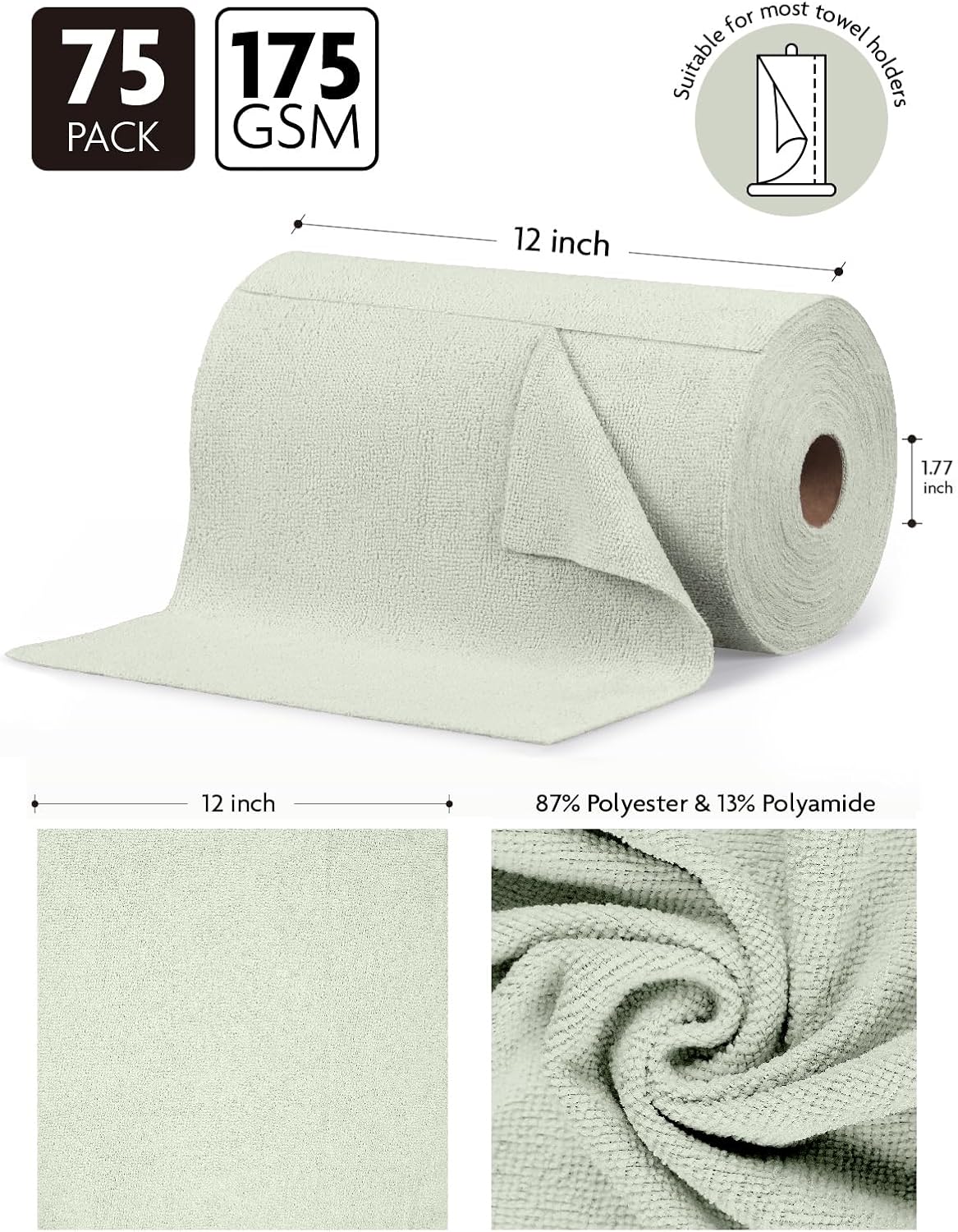 Fantasticlean Microfiber Cleaning Cloth Roll -75 Pack, Tear Away Microfiber Towels, 12" x 12", Reusable, Washable, Scratch Free, Ultra Absorbent Dishcloth for All-Around Cleaning Supplies (White)