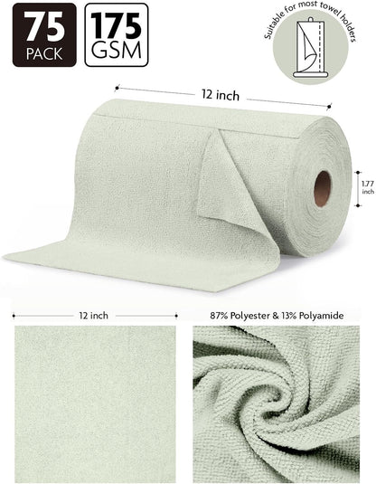 Fantasticlean Microfiber Cleaning Cloth Roll -75 Pack, Tear Away Microfiber Towels, 12" x 12", Reusable, Washable, Scratch Free, Ultra Absorbent Dishcloth for All-Around Cleaning Supplies (White)