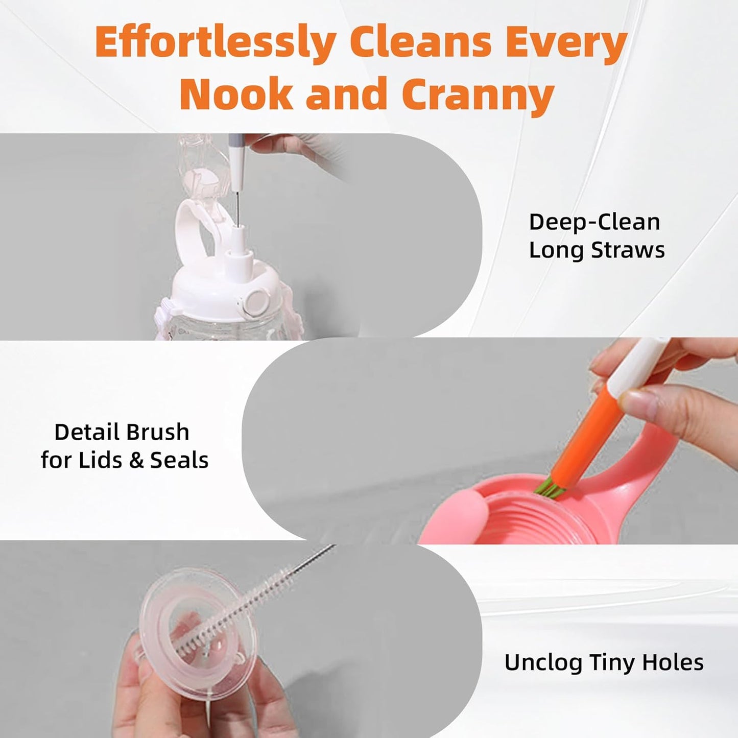 PROOCI Straw Cleaner Brush for Stanley, 2-Pack Multi 3 in 1 Long Straw Cleaning Brush Set for Reusable Straws, Tumblers, Lids, Sippy Cups, Water Bottle, Nipples & Fine Gaps - Orange & Gray