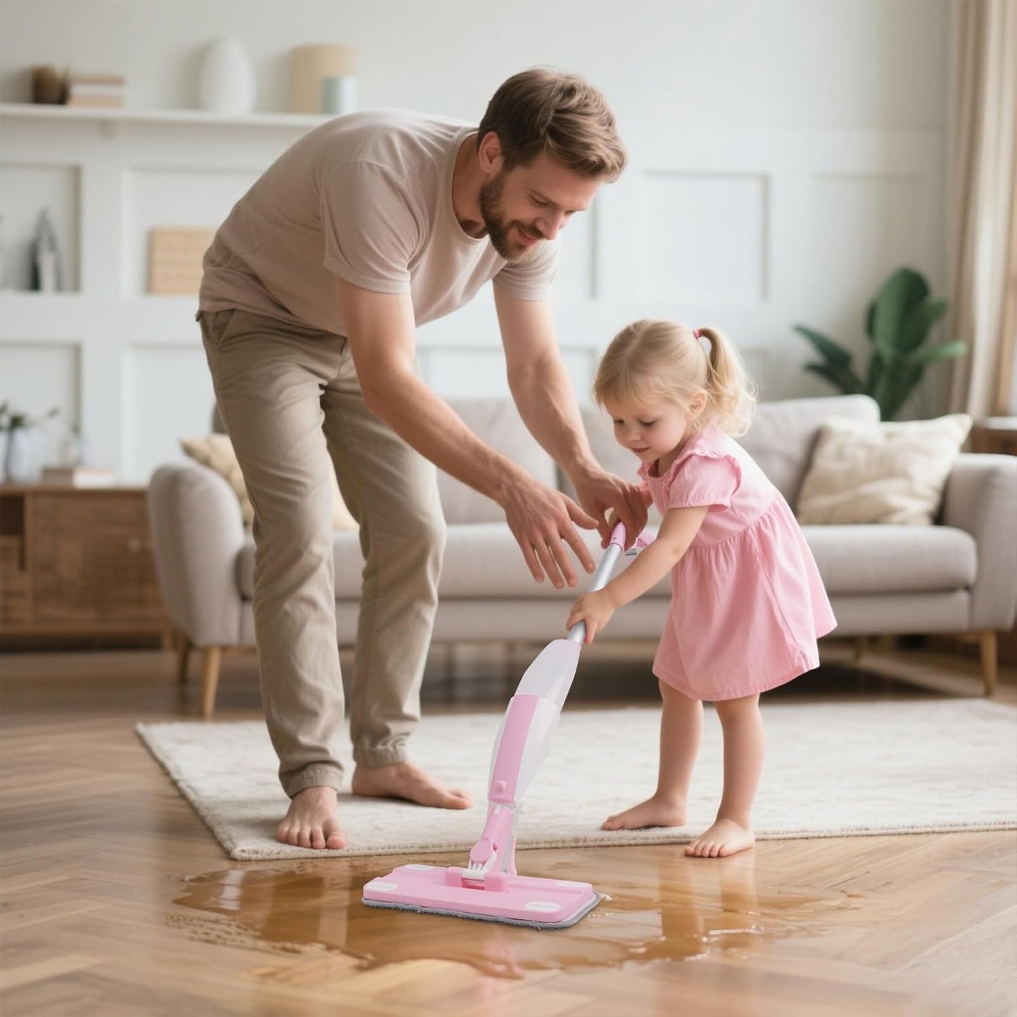 Hilsoeet Kids Spray Mop Pink, Real Working Water-Spraying Toy, Montessori Mini Mop with 2 Microfiber Washable Pads, Toddler Cleaning Set for Floor, Christmas Birthday Gifts for Age 3 4 5 6 7 8