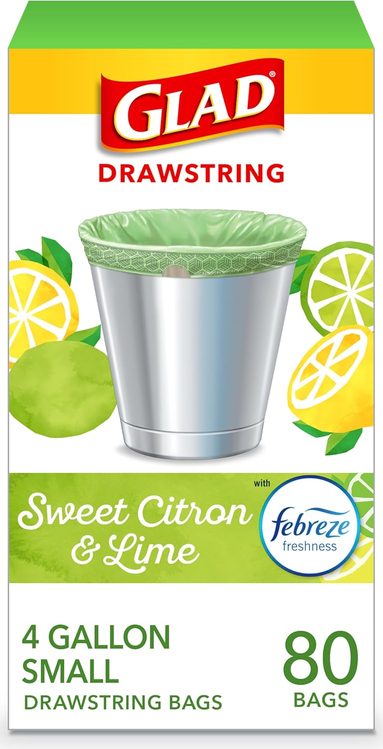 Glad Small Trash Bags 4 Gallon, Febreze Cherry Blossom Garbage Bags, Odor Resistant with Drawstring, 34 Count