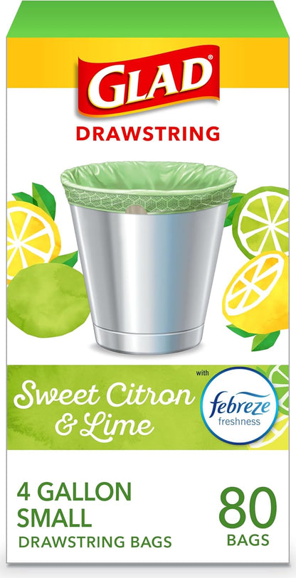 Glad Small Trash Bags 4 Gallon, Febreze Cherry Blossom Garbage Bags, Odor Resistant with Drawstring, 34 Count