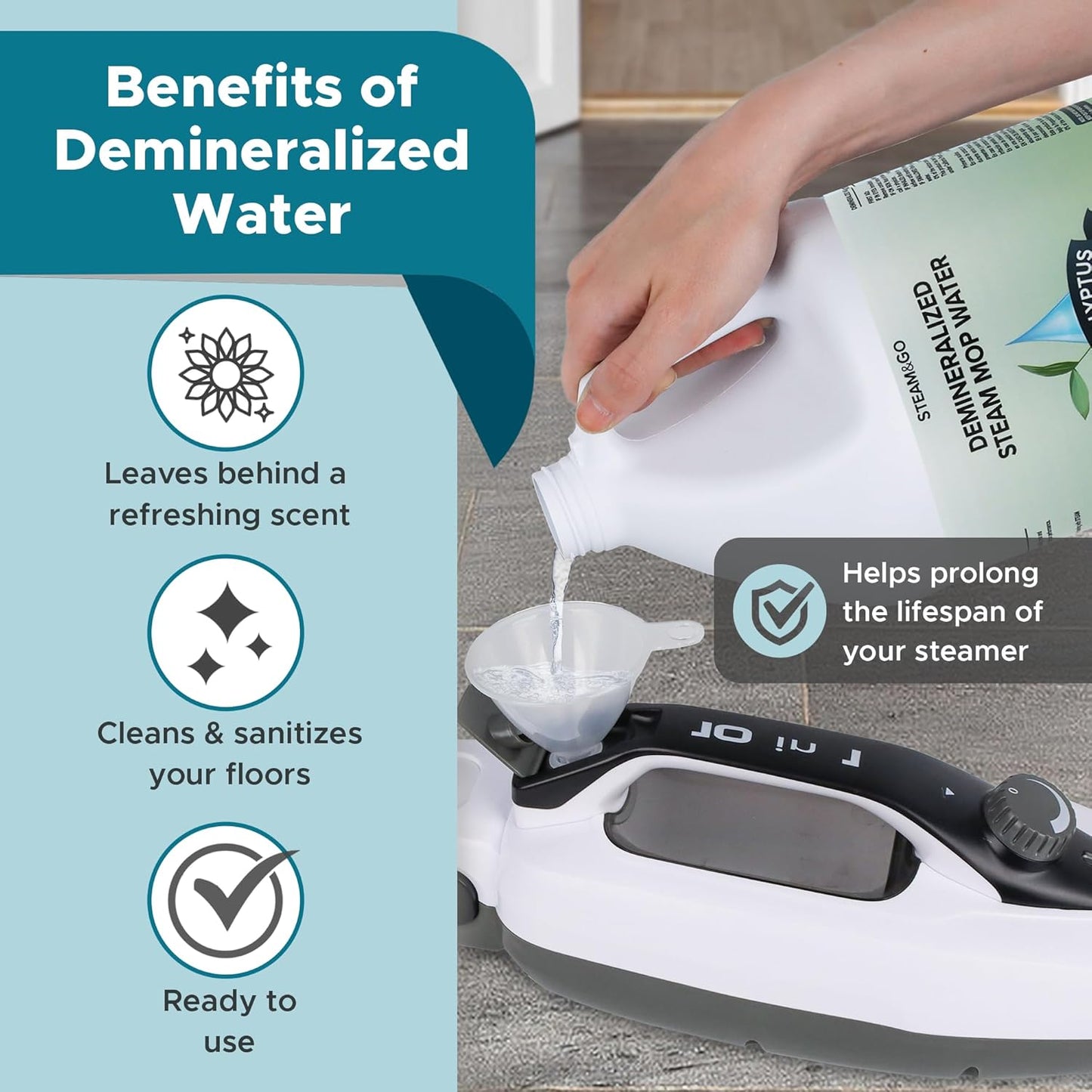 Steam & Go - Demineralized Water for Steam Cleaner, PVC-Free Floor Cleaner Liquid Compatible with Any Steam Mop, Ready-to-Use Multisurface Cleaner, Scented Mop Solution, Eucalyptus Mint, 32 oz