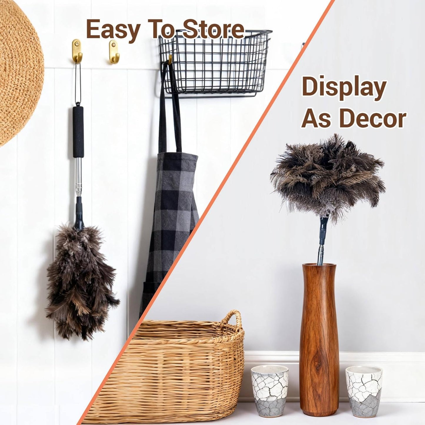 Extendable Ostrich Feather Duster, Natural Ostrich Feathers Long Handle Duster for Cleaning, 47” Soft & Fluffy Feather Duster for High Ceilings, Fans, Walls, Furniture, Home Dusting