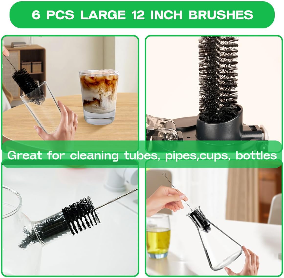 Brush Family Straw Cleaner Brush Set,6 Piece 12" Long Pipe Tube Bottle Brushes for Cleaning Narrow Neck Bottles,Coffee Maker,Glass Cups