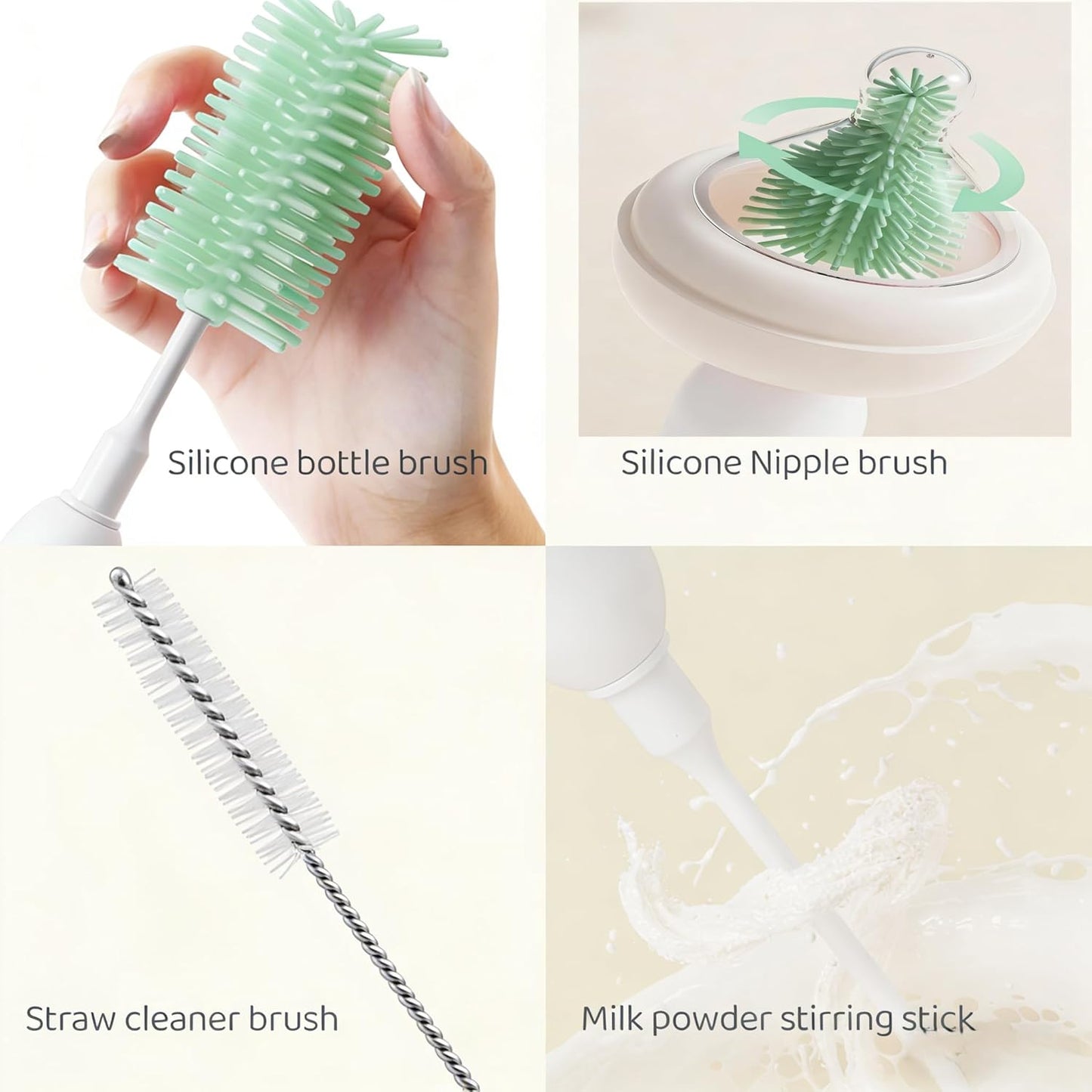 Portable Electric Silicone Bottle Brush Set, 7-in-1 UV Light USB Charging, Nipple/Straw Cleaner, Milk Mixer, Built-in Drying Rack & Storage Case, BPA-Free, IPX7, On-the-Go for New Parents (Mint)