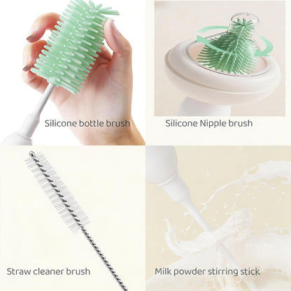 Portable Electric Silicone Bottle Brush Set, 7-in-1 UV Light USB Charging, Nipple/Straw Cleaner, Milk Mixer, Built-in Drying Rack & Storage Case, BPA-Free, IPX7, On-the-Go for New Parents (Mint)
