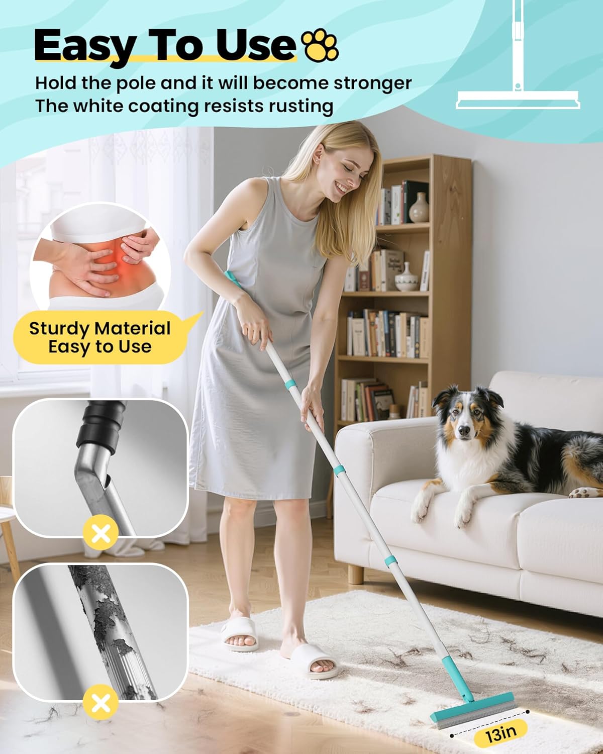 Carpet Rake for Pet Hair Removal Tool - 4 in 1 Pet Hair Remover Kit for Dog Cat Fur Remover, Contain 60" Adjustable Rubber Broom, Glove, Magic Brush and Scraper for Furniture,Short Pile Carpets, Mats